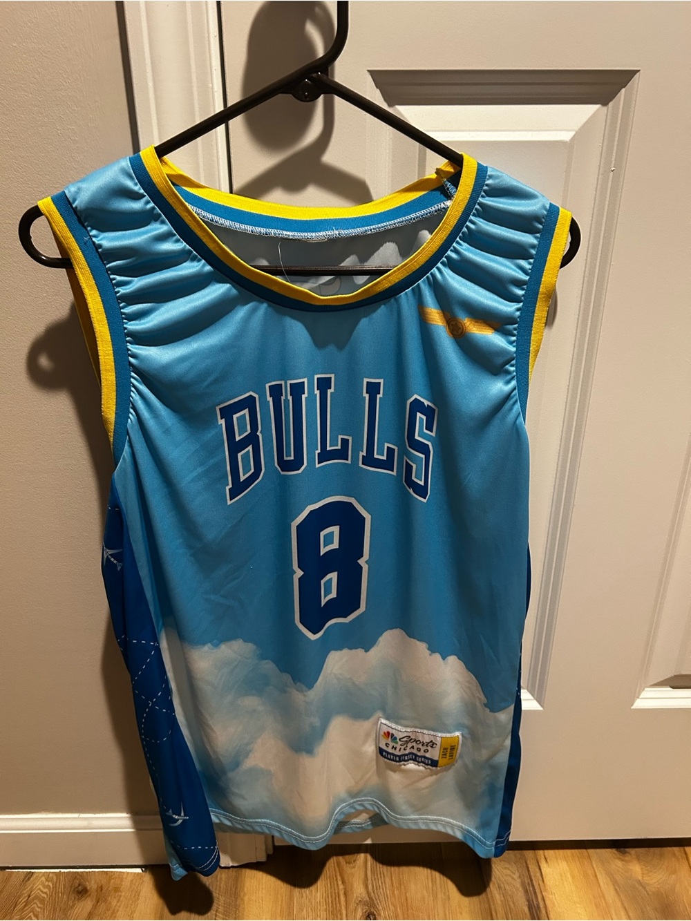 Source Unknown Bulls #8 Light Blue and Yellow Basketball Jersey